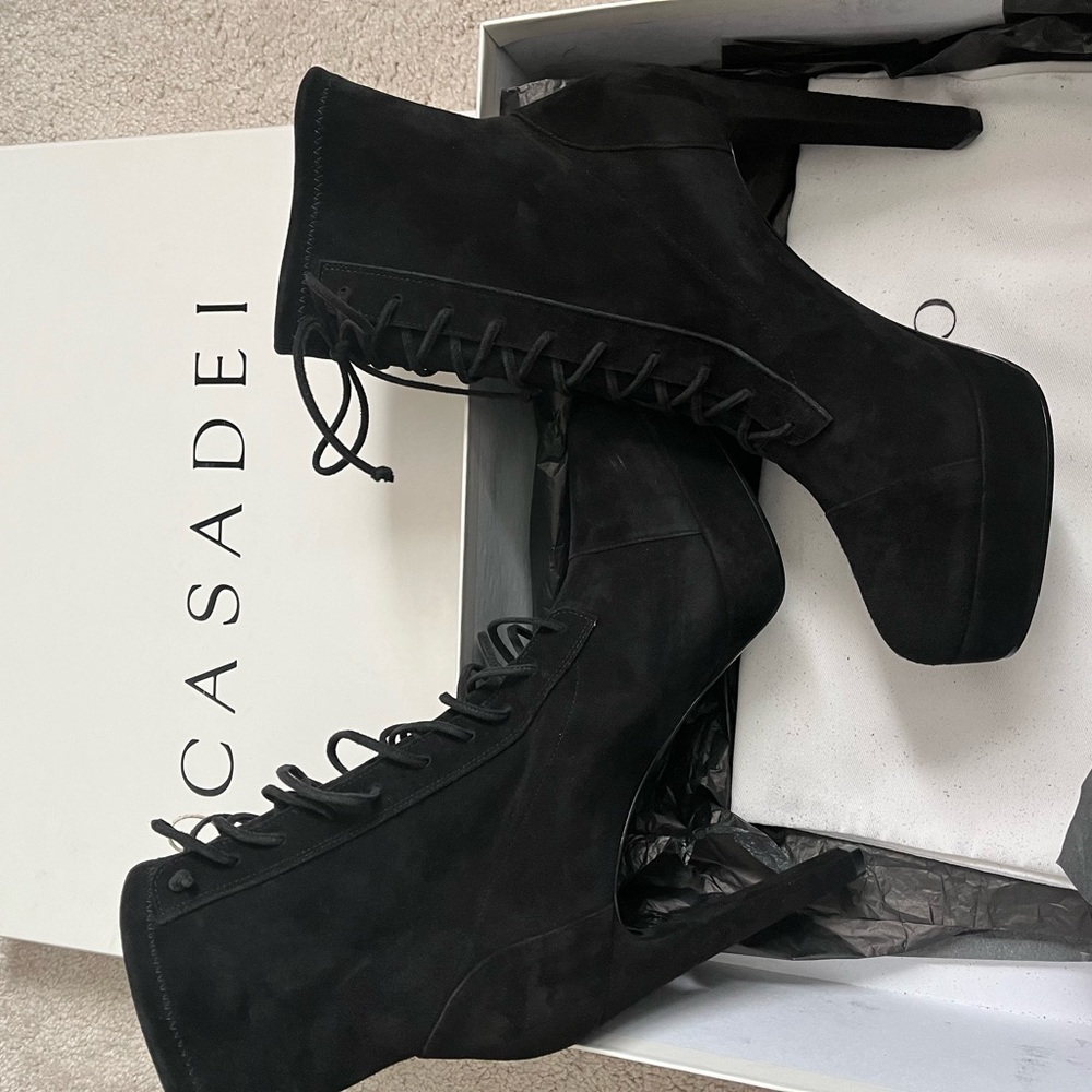 Casadei New Suede lace-up slip on platform ankle boots.